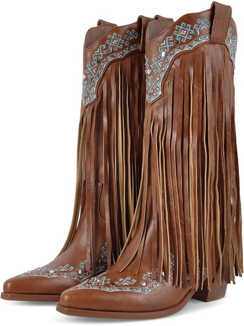 Women's Brown Fringe Mid Calf Boots with Rivets Embroidered - Picture 5 of 6